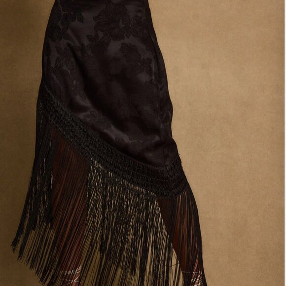 Twelfth Tribe Frankie Black Satin Jacquard Fringe Midi Skirt - Picture 6 of 10